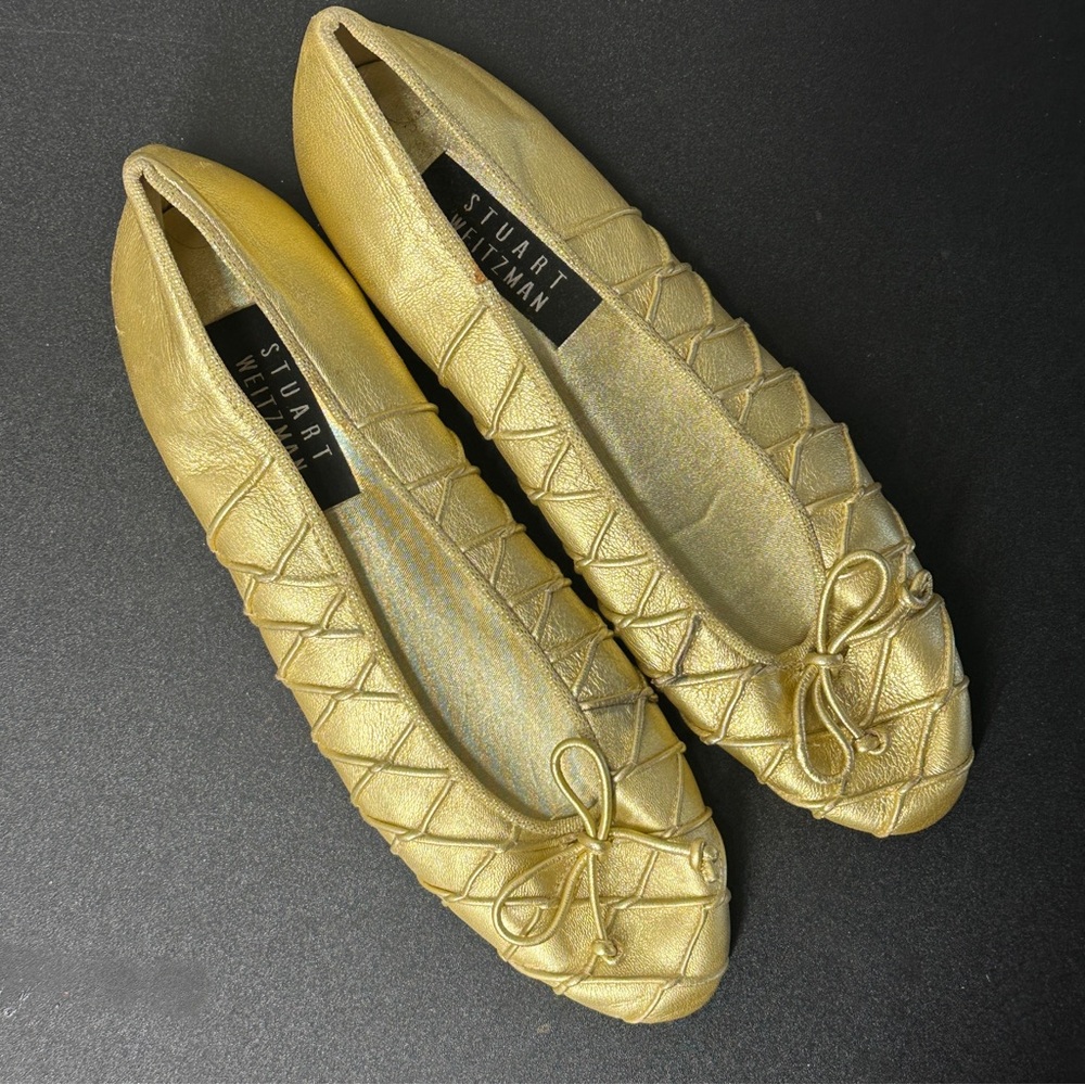 Stuart Weitzman Metallic Gold Quilted Ballet Flats with Bow